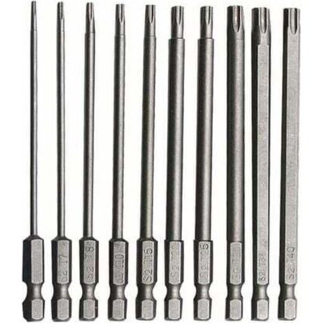 10-piece set of 75mm long Torx bits in chrome vanadium alloy steel - Rust-proof long screwdriver bit set for electric drills and maintenance tools (1/4)