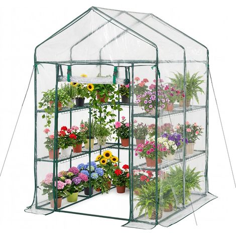 Mophorn Gewächshaus 137x137x196 cm, Foliengewächshaus mit PVC-Abdeckung, 2 Ebenen, 10 Regalböden, Aufrollbare Tür mit Reißverschluss, Treibhaus für Garten und Außenbereich (1/5)