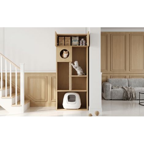 Armoire pour chat bois naturel avec colonne à griffer, rangement et espace litière, 80 x 45 x 193 cm pour maison et appartement (1/5)