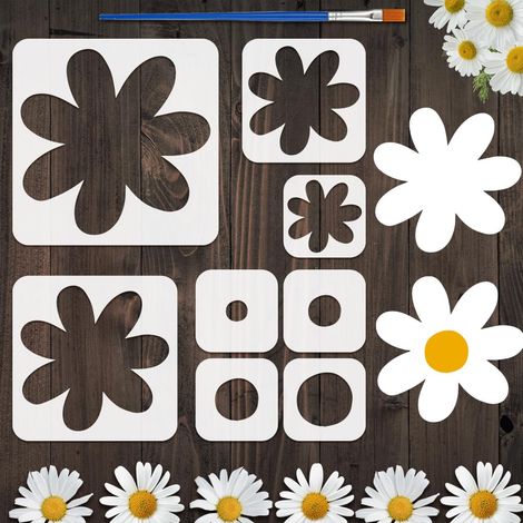8Pcs Pochoir de Peinture Marguerite Avec Pinceau 4 Tailles Modèle Dessin de Fleur de Marguerite Thème de Plantes Florales Modèle Décoration DIY pour Peinture sur Bois Mur Tissu Meubles (1/5)
