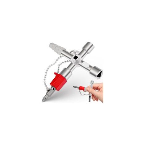 Clé à 4 voies, clé multifonction à 4 voies, clé croisée universelle pour compteurs d'eau et d'électricité, radiateurs, compteurs de gaz, ascenseurs (argent) (1/5)