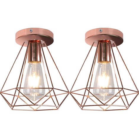 2PCS-Plafonnier Rétro Diamant Or Rose Métal 20CM Lustre Industriel E27 Plafonnier Vintage Lampe De Plafond Antique