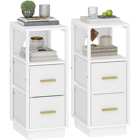 Table de chevet lot de 2 – 2 tiroirs en tissu – Compartiment ouvert – Design moderne et minimaliste – Dimensions 30x24x60 cm – Couleur blanche (1/5)