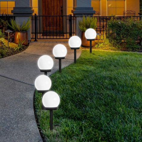 Juego de 6 luces solares de globo para jardín exterior, blanco frío, para iluminación de caminos, 10 cm de diámetro (QXD-6 piezas) (1/4)