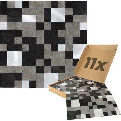 Wandpaneele selbstklebend Steinoptik 1m², 11 Stück Wandverkleidung feuchtigskeitsbeständig, Premium Qualität für Bad und Küche, Quadrat Rechteck Form - Schwarz Grau Silber (1/5)