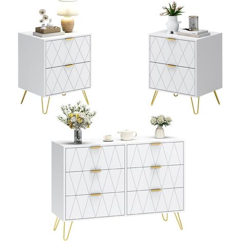 Schlafzimmer Komplett-Set Weiß: Kommode mit 6 Schubladen & 2 Nachttische, Goldene Griffe (1/5)
