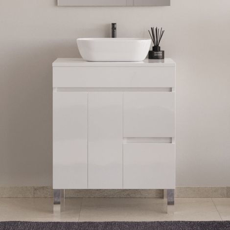 Meuble de salle de bain 70cm sur pieds avec plateau et une cuve à poser arrondie - sans miroir - portes et tiroirs - blanc - HARO (1/5)