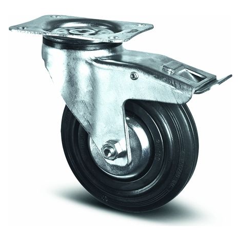 Roulette pivotante AVL 80 mm caoutchouc noir avec frein à pied