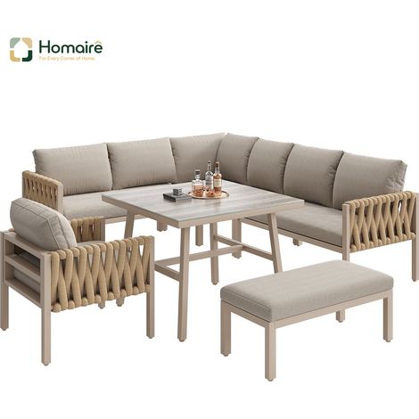 HOMAIRE Set de jardin en corde avec cadre en fer galvanisé, pieds réglables, canapé d'angle, table en verre trempé et coussins beige