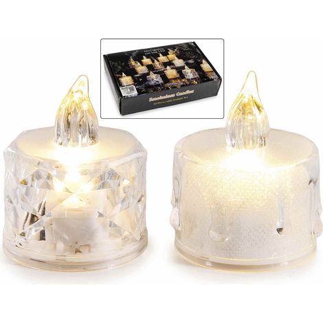 Candela piccola in plastica con luce LED effetto vetro da appoggiare in espositore da 24 pezzi, set da 48 pezzi, Ø 4 cm x 4,5 H