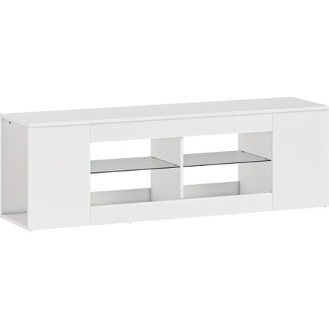 Meuble TV, 6 compartiments, 2 étagères en verre, en panneaux de particules, blanc. (1/4)