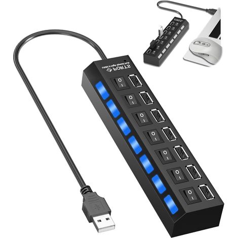 Concentrador USB 2.0 con alimentación, regleta con interruptor e indicador LED, concentrador de velocidad de datos de 480 Mbps, regleta USB multipuerto 7 en 1 para PC, ratón, teclado, disco duro e imp