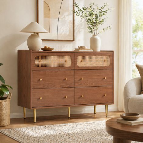 Buffet 120x40x90 cm effet avec 2 portes cannage rotin, 3 tiroirs et étagère réglable, pour salon et chambre - Noyer (1/5)
