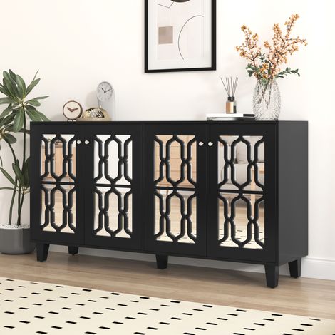 Buffet miroir noir avec poignées en cristal froides, quatre portes, stratifié coulissant, pour salon et salle à manger, 160 x 40 x 84 cm (1/5)