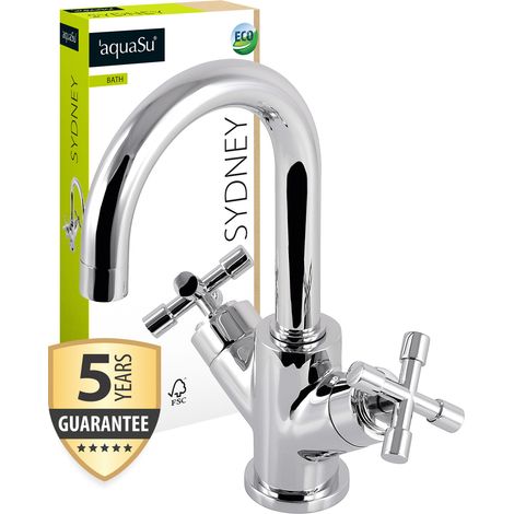 'aquaSu® Waschbeckenarmatur Sydney, Zweigriffmischer mit Wasserspar-Mischdüse, Vintage Waschtischarmatur, Keramik-Innenteil, Standard-Befestigung, Messingkern, verchromt, 795777 (1/5)