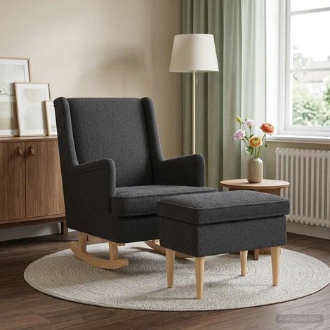 vidaXL Fauteuil avec pouf 2 pc Gris foncé Bouclé (1/5)