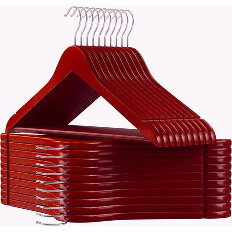 (12 rouges) Cintres en bois, 45 cm de large, en bois massif, avec crochets rotatifs à 361°.