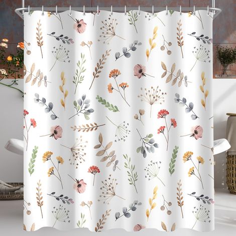 Rideau de douche, 240 x 200 cm, motif feuilles d'herbe, ourlet lesté, anti-moisissure, imperméable, lavable, en polyester, avec 16 œillets et anneaux de rideau de douche, pour salle de bain, (1/5)