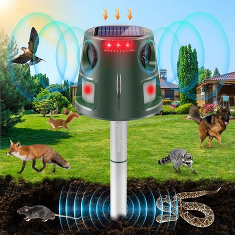 1 - Répulsif Animal Solaire - Détecteur de Mouvement - Protection 360° et 5 Modes pour Jardin, Pelouse et Ferme - Noir - 20x12x8cm