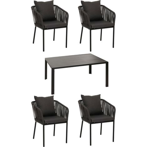 Set di mobili da giardino: tavolo 140x80 cm + 4 poltrone in corda intrecciata antracite e cuscini grigio scuro 040009792