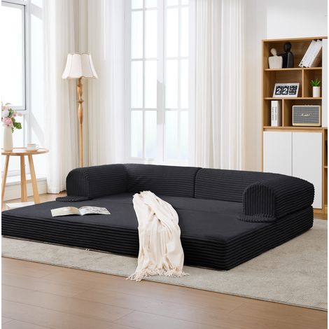 Canapé-lit 2 places noir en velours côtelé, design 2 en 1 gain de place pour salon et chambre d'amis, 190x78x65 cm (1/5)