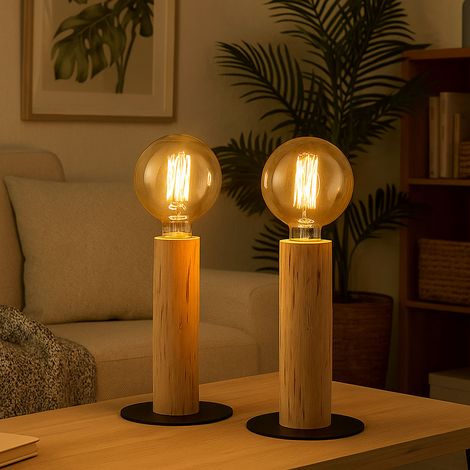 Lampe Wohnzimmer Tischlampe Holzleuchte natur Vintage Schreibtischlampe, Retrostil, Metall schwarz, 1x E27 Fassung, DxH 15x30 cm, 2er Set