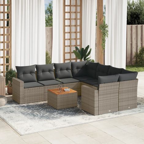 Salon de Jardin en Résine Tressée 9 Pièces Gris avec Coussins Démontables, Table Acacia et Espace de Rangement (1/5)