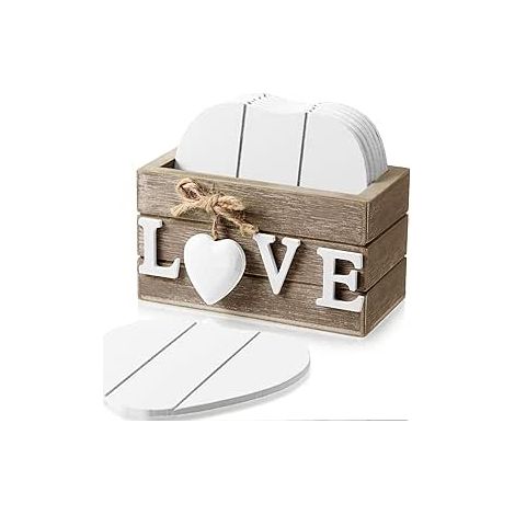 Lot de 6 sous-verres en forme de cœur avec support - Dessous de verre style ferme pour boissons, protection de table basse, décoration de maison neuve, 10 cm (marron, Amour) (1/5)