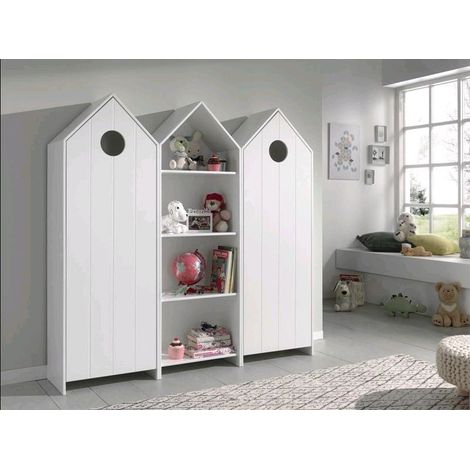 Les Tendances – Ensemble 2 armoires enfant et 1 bibliothèque bois laqué blanc – Dimensions armoire L 58 x H 171 x P 37 cm – Dimensions bibliothèque L 58 x H 172 x P 37 cm (1/4)