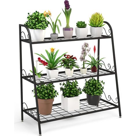 COSTWAY Etagère de Plantes à 3 Etages en Métal en Forme d'Echelle Intérieur/Extérieur avec Pied Réglable pour Jardin Balcon Salon (1/5)