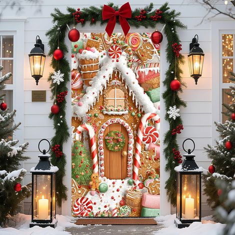 Décorations de Noël 2026 - Bannières, nœuds, décorations de Noël, rideaux de porte - 90 x 190 cm (taille élastique) - QL-17