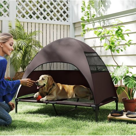 Cama elevada para perro de exterior con techo, 106 x 76 x 99 cm, marrón OKMYHOME (1/5)