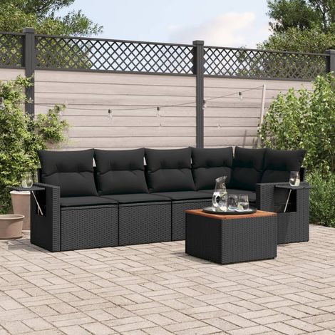 Ensemble Jardin 6 Places Noir Résine Tressée avec Coussins - Salon Extérieur Modulaire avec Table Acacia et Rangements Imperméables (1/3)