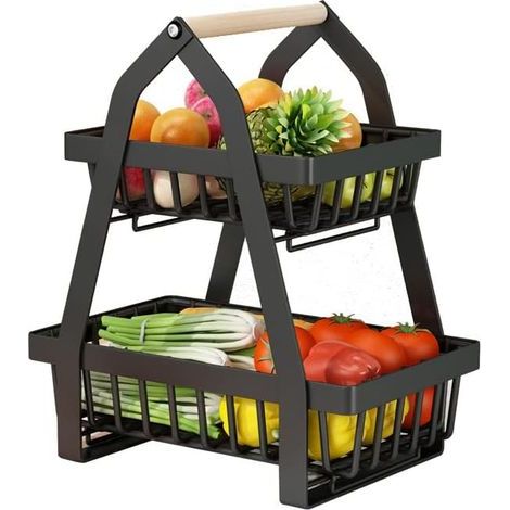 Cestino per frutta da bancone a 2 piani, cestello metallico rettangolare rimovibile, cestino per verdure nero, ciotola per frutta da tavolo per cucina (nero) (1/5)