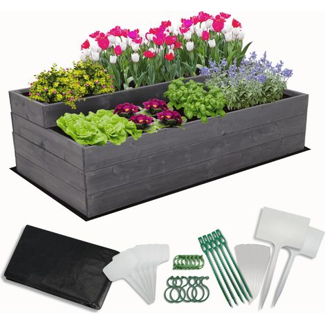 MODO24 Carré potager surélevé en bois, 2 niveaux en cascade, 36x117x63 cm, jardin/terrasse, kit jardinier inclus, gris imprégné