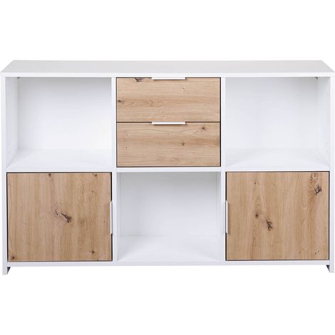 Pegane – Commode chêne Artisan et blanc avec 2 portes et 2 tiroirs – Dimensions 120 x 30 x 77 cm – Panneau de particules durable (1/5)
