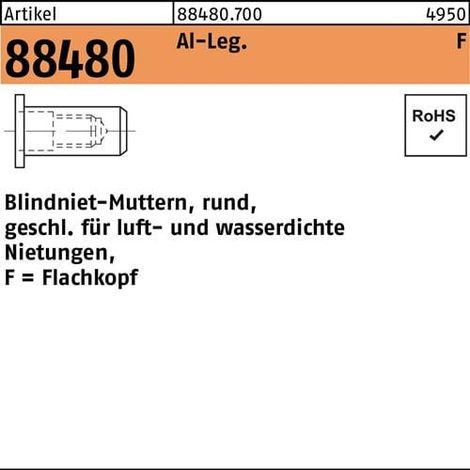 Écrou à sertir en aveugle R 88480 FLAKO M8 /0,3 -3,0 aluminium 250 pièces