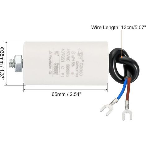 CBB60 8uF Startkondensator, 2 Stück AC 450 V 2-Draht 50/60 Hz Zylinderboden mit Schraube 65 x 35 mm Betriebskondensator für Waschmaschine, Star-Wasserpumpenmotor (1/5)