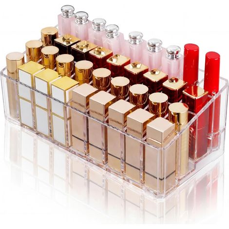 1 - Organisateur Maquillage - Boîte Rangement Acrylique - 36 Compartiments pour Rouge à Lèvres et Pinceaux - Design Incliné Transparent pour Salle de Bain et Dressing - Transparent - 26,5x12 cm