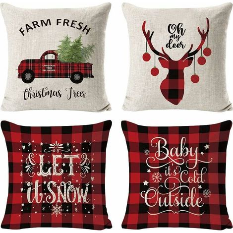 Pillowcase Christmas Decorations Pillow Covers 4 Pack, Christmas Tree Snowflake Reindeer Home Decor Linen Throw Pillows Pillowcase Xmas Holiday Farmhouse Home Bedroom Decorative Cushion, (1/5)