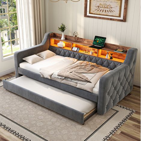 Lit canapé convertible 90x190 avec rangement et LED HAVRYA (1/5)