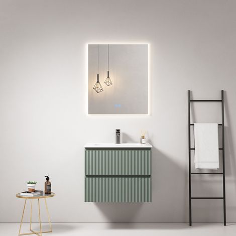 Mobile bagno sospeso cannettato 60 cm Verde Salvia Lavabo in Ceramica Specchio Quadro Retroilluminato - Fiji Paint (1/4)