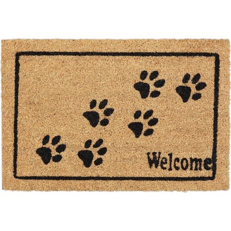Relaxdays Felpudo Entrada Casa Huellita Mascota, Alfombrilla, Coco, 60x40 cm, Tapete Welcome, Marrón Natural y Negro