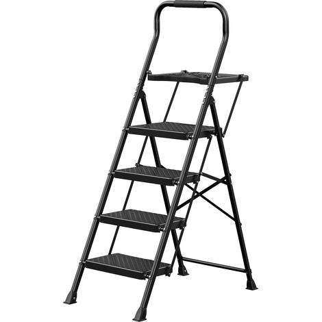 Escabeau Pliant 4 Marches en Acier, Antidérapant, Charge 150 kg, 161 x 45,5 x 7,5 cm, Noir (1/5)