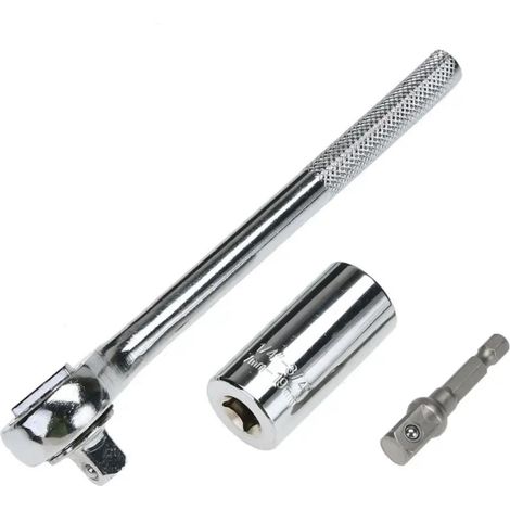 Llave de vaso universal de acero cromo-vanadio, métrica e imperial, cromada, de 7 a 19 mm, juego de tres piezas [vaso + pasador + llave de carraca], embalaje de cartón. (1/5)