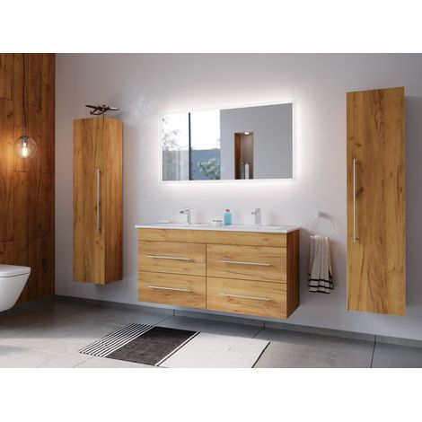 Badmöbelset Helios 4-teilig LED Spiegel 2x Hochschrank eiche gold