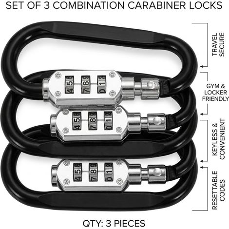 Ortviai Lot de 3 Mousquetons à Code à 3 Chiffres - Serrure à Combinaison Portable pour Casque de Moto, Sac à Dos et Bagages - Crochet de Sécurité - Noir