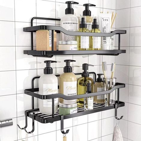 Shower Storage Shelf Set of 2 - Kitchen or Bathroom Basket, No Drilling Required - Black Wall-Mounted Storage Shelf for Shower & Bathtub with Accessory Hooks (1/5)