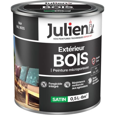 Julien Peinture Bois Microporeux Extérieur Satin - Portes, fenêtres, portails, mobilier de jardin - Noir 0,5 L
