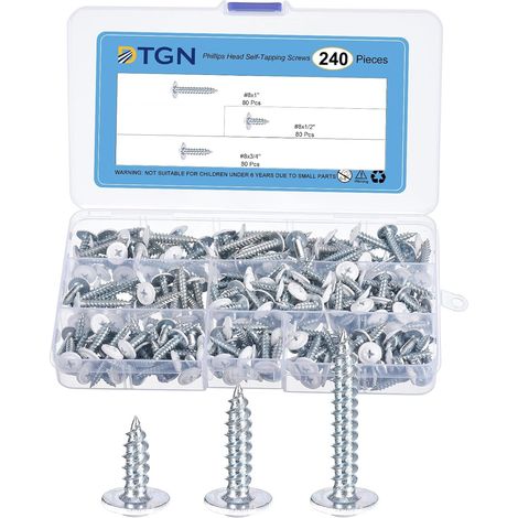 240Pcs 8×1/2" à 1" Kit De Vis Auto-Taraudeuses À Tête Phillips, Acier Au Carbone À Tête Plate Haute Résistance Vis Auto-Taraudeuses Rapides Pour Bois, Métal, Plastique (1/5)